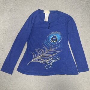 VTG Guess Shirt Youth Sz S (7/8) Blue Peacock Metallic Script Henley Long Sleeve